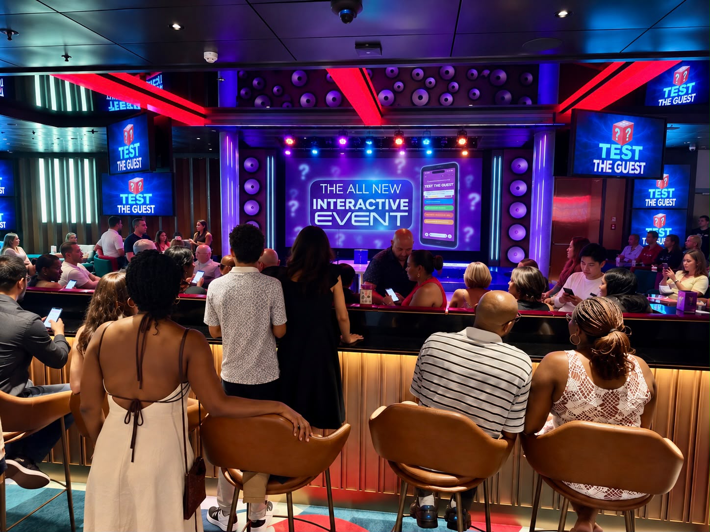 Guests playing Test The Guest on their phones at a live event lounge