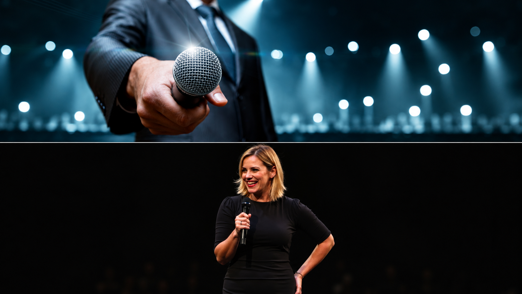 Male and female presenters holding microphones on stage